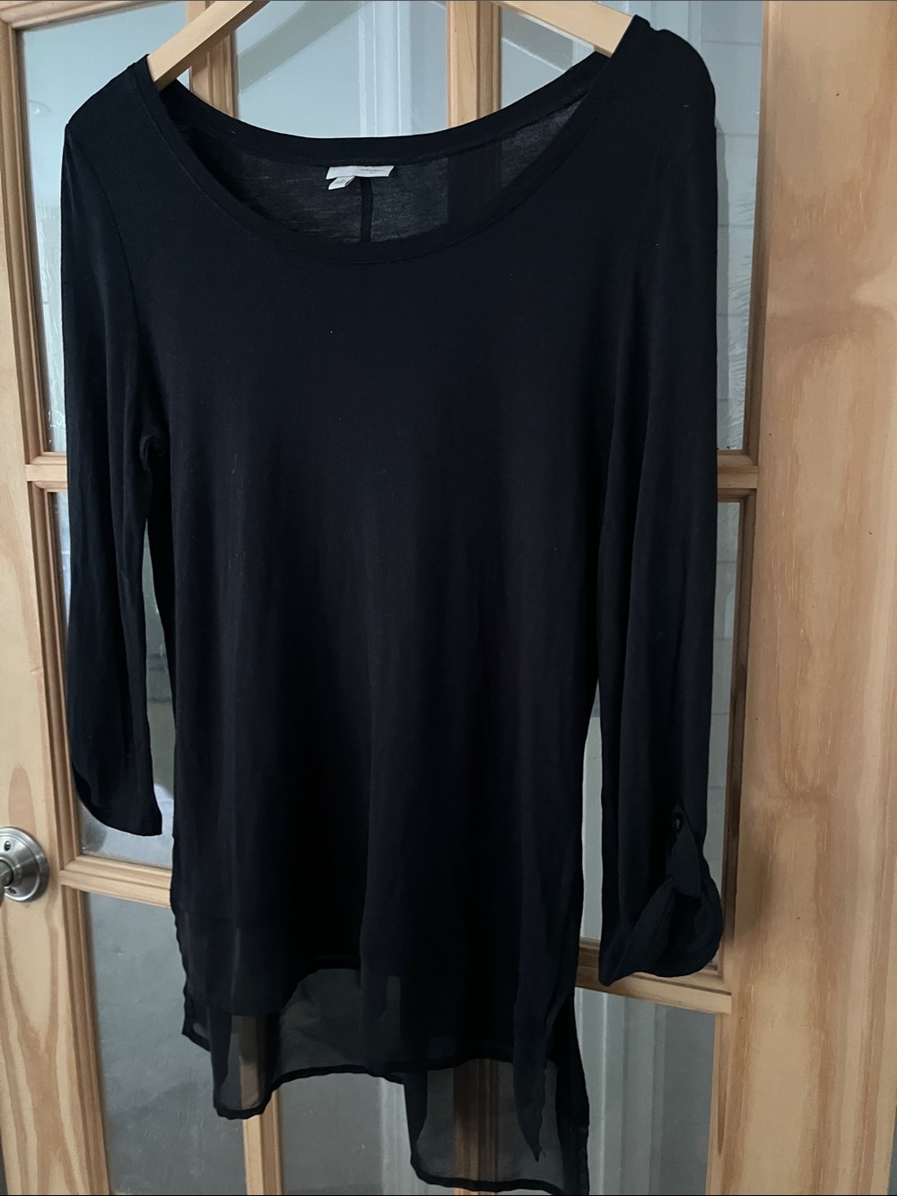 Halogen Black long sleeve lightweight roll sleeve sheer bottom tunic top EUC